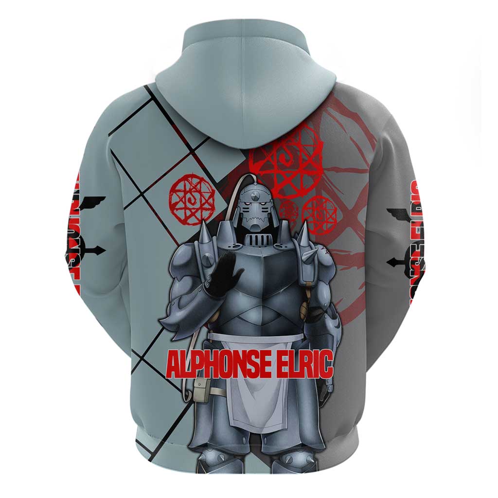 Alphonse Elric Fullmetal Alchemist Zip Hoodie with Armored Form and Protective Battle Pose Design - The Mazicc