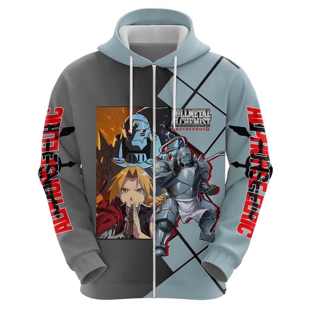 Alphonse Elric Fullmetal Alchemist Zip Hoodie with Armored Form and Protective Battle Pose Design - The Mazicc