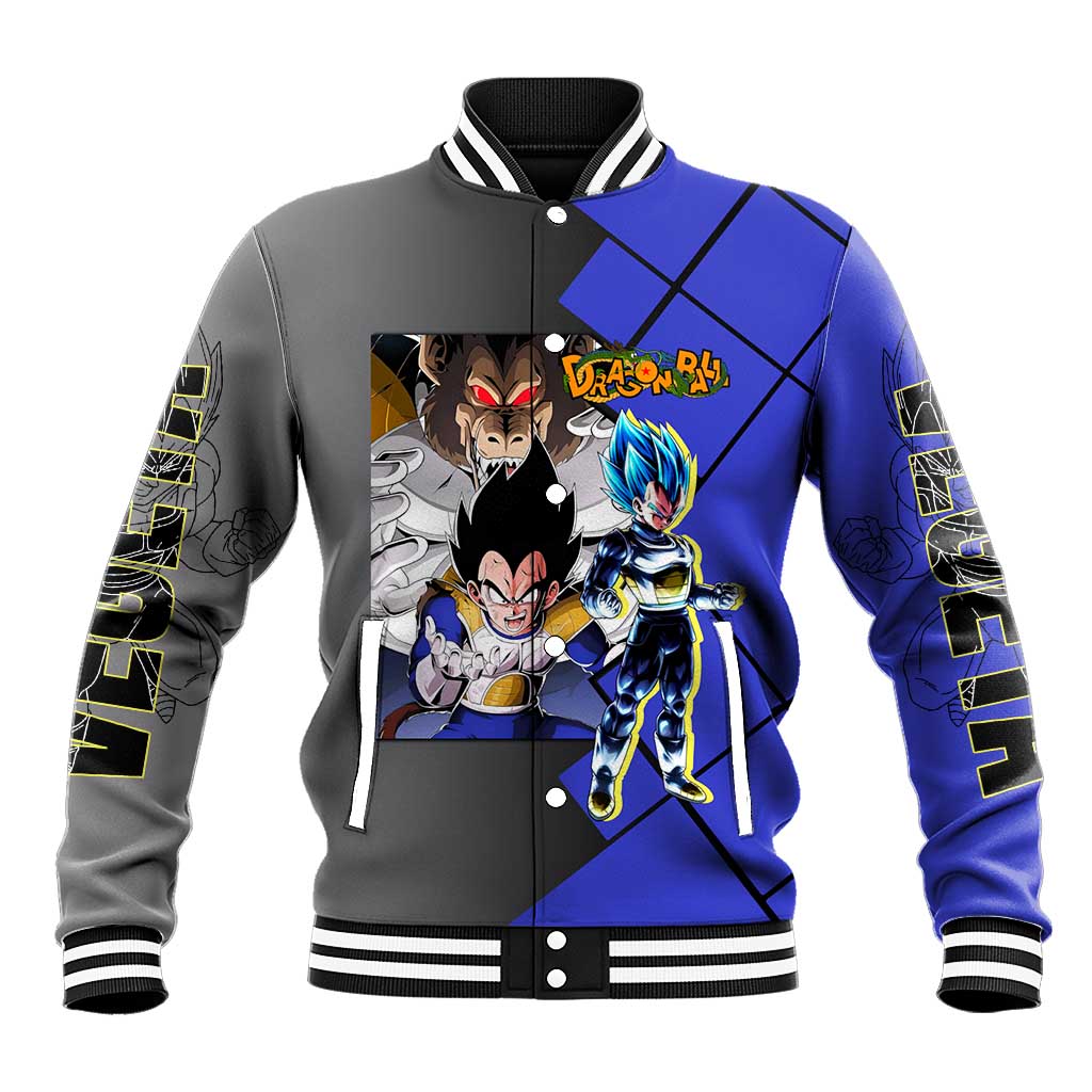 Vegeta Dragon Ball Baseball Jacket with Saiyan Battle Aura and Fierce Fighting Pose Design - The Mazicc