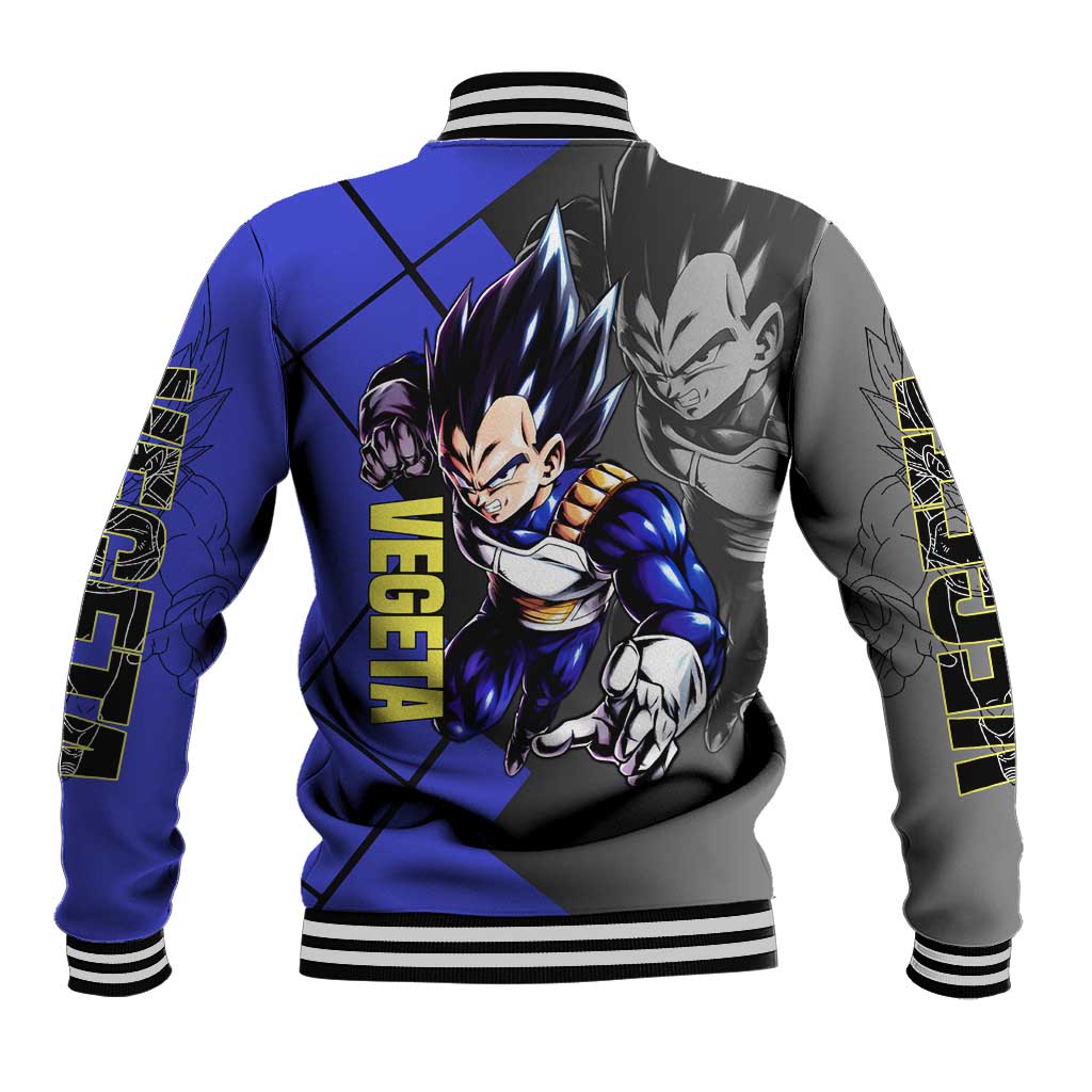 Vegeta Dragon Ball Baseball Jacket with Saiyan Battle Aura and Fierce Fighting Pose Design - The Mazicc