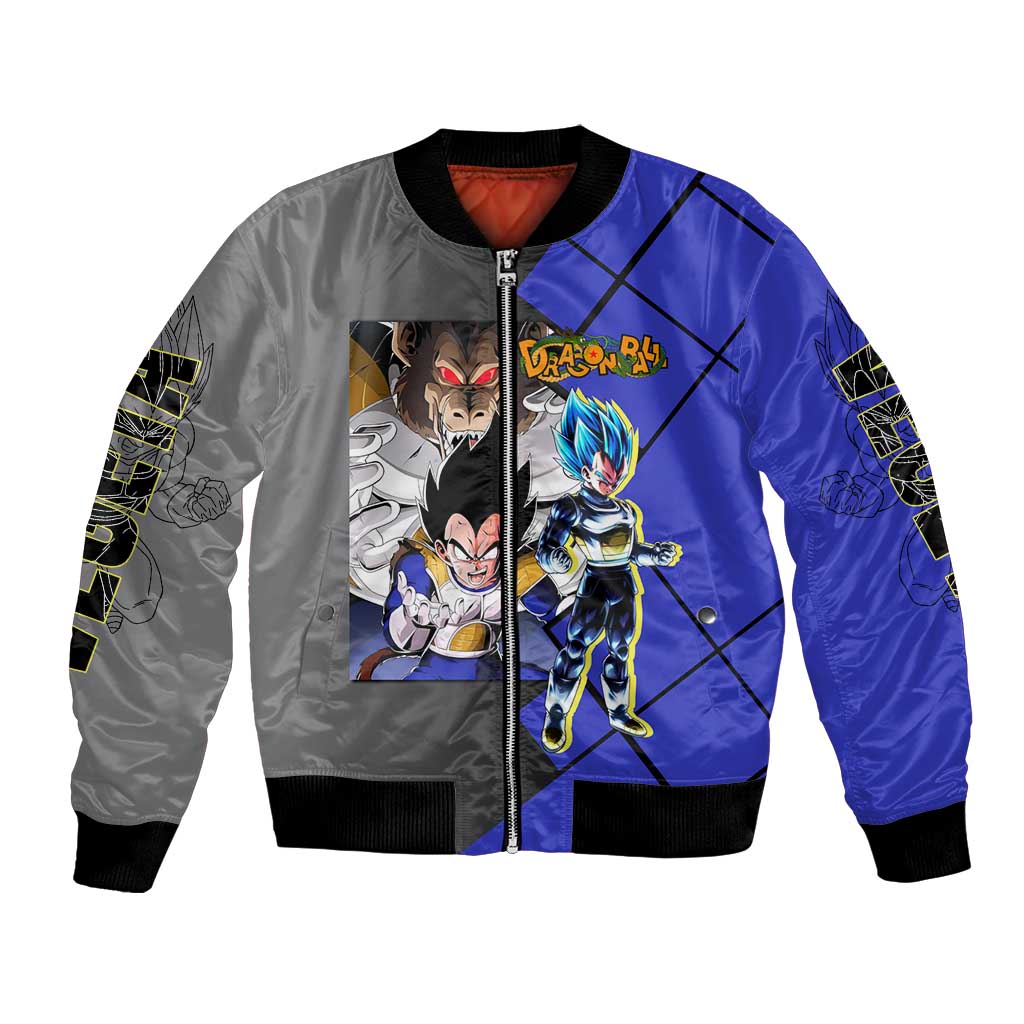 Vegeta Dragon Ball Bomber Jacket with Saiyan Battle Aura and Fierce Fighting Pose Design - The Mazicc
