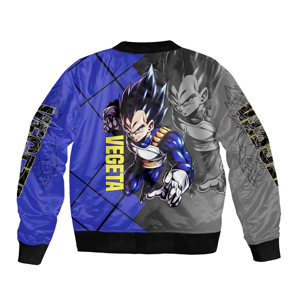 Vegeta Dragon Ball Bomber Jacket with Saiyan Battle Aura and Fierce Fighting Pose Design - The Mazicc