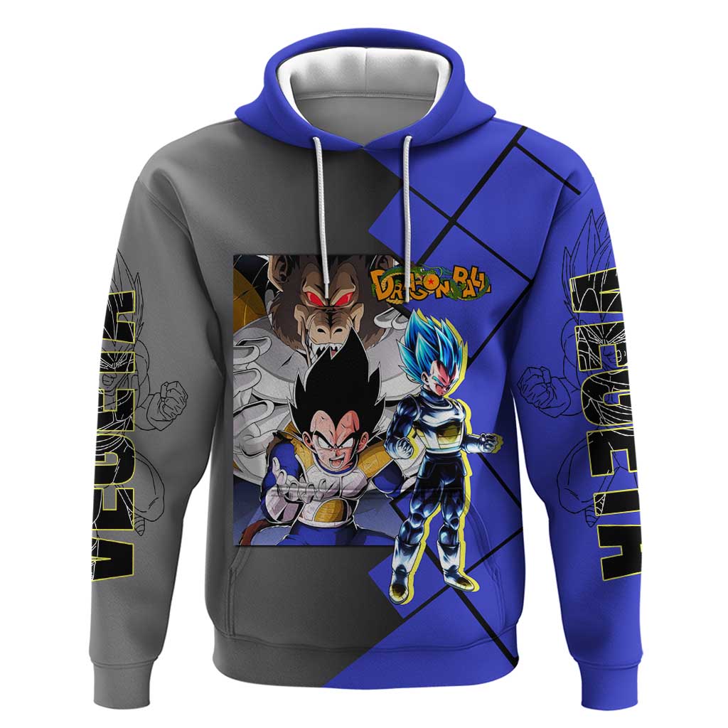 Vegeta Dragon Ball Hoodie with Saiyan Battle Aura and Fierce Fighting Pose Design - The Mazicc