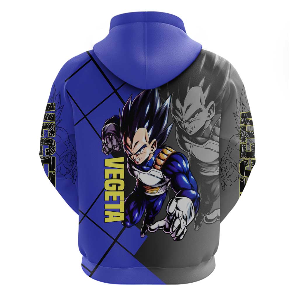 Vegeta Dragon Ball Hoodie with Saiyan Battle Aura and Fierce Fighting Pose Design - The Mazicc
