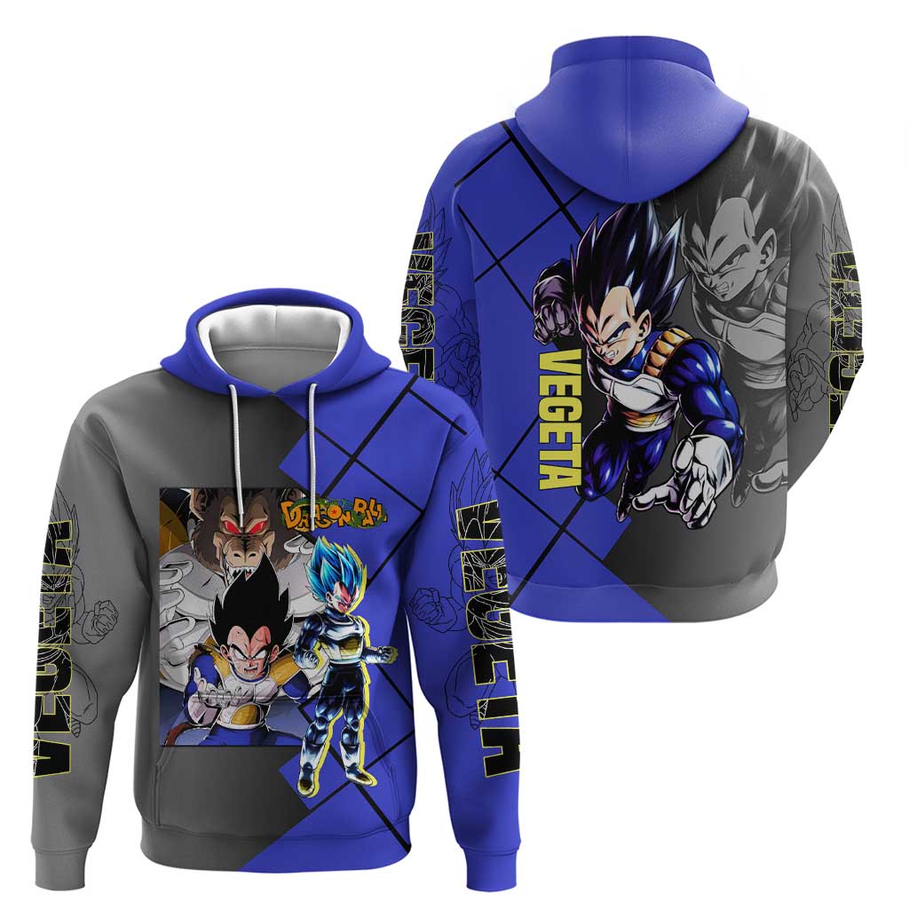 Vegeta Dragon Ball Hoodie with Saiyan Battle Aura and Fierce Fighting Pose Design - The Mazicc