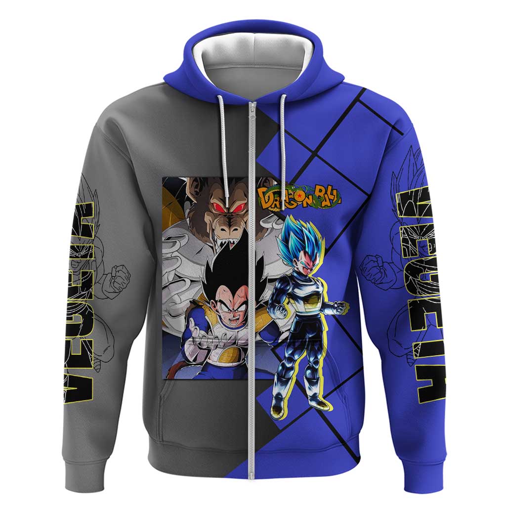 Vegeta Dragon Ball Hoodie with Saiyan Battle Aura and Fierce Fighting Pose Design - The Mazicc