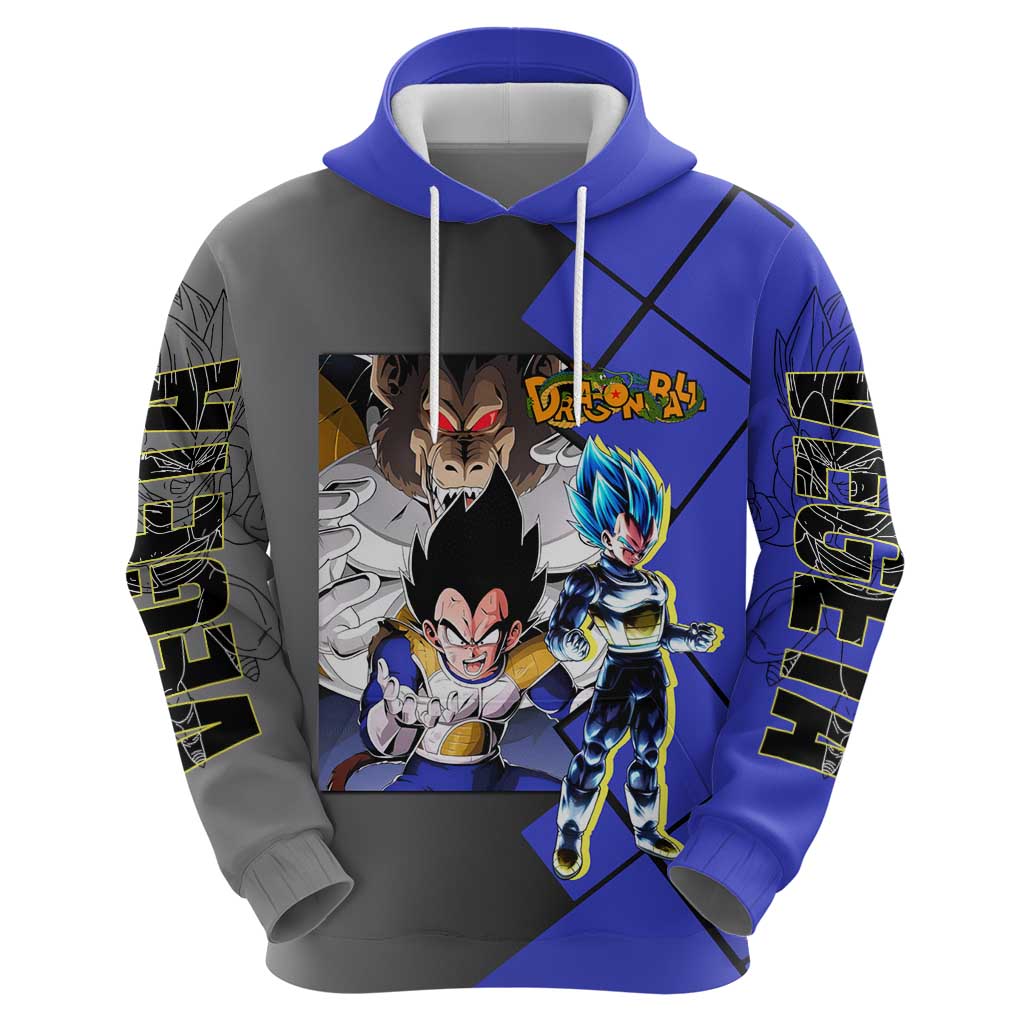 Vegeta Dragon Ball Hoodie with Saiyan Battle Aura and Fierce Fighting Pose Design - The Mazicc