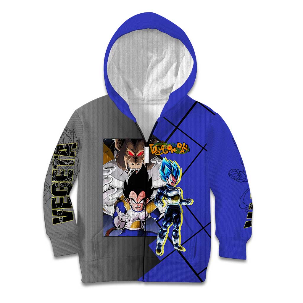 Vegeta Dragon Ball Kid Hoodie with Saiyan Battle Aura and Fierce Fighting Pose Design - The Mazicc