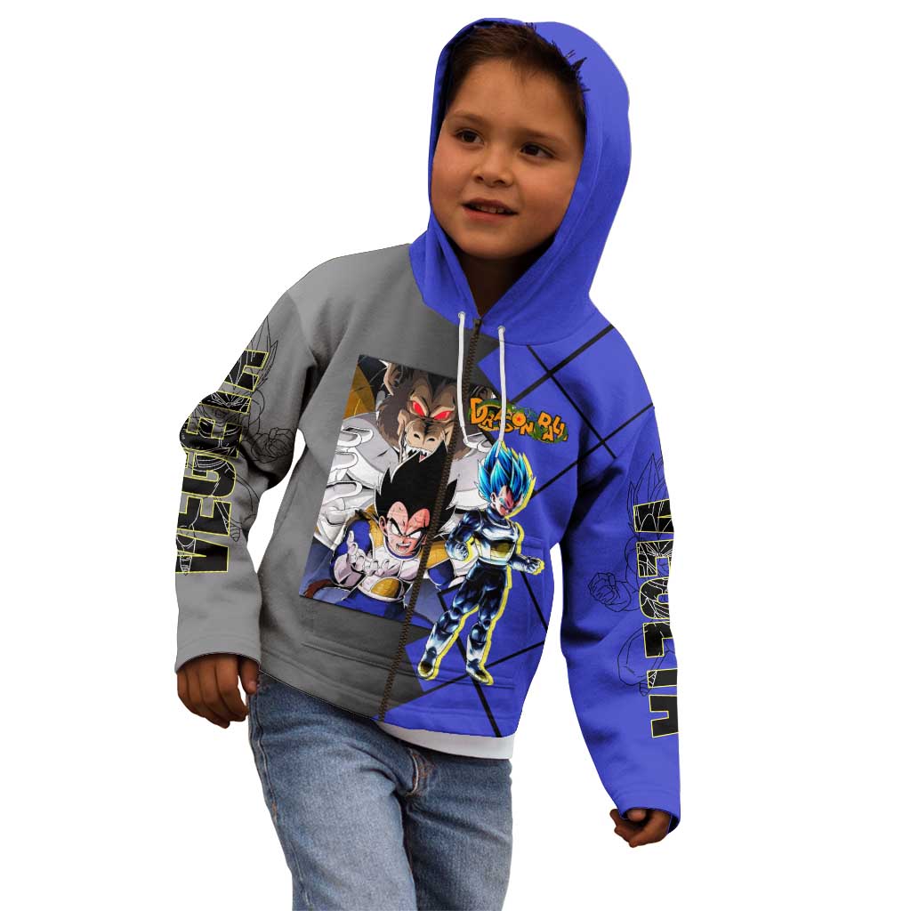 Vegeta Dragon Ball Kid Hoodie with Saiyan Battle Aura and Fierce Fighting Pose Design - The Mazicc