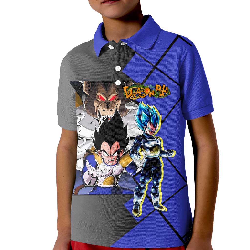 Vegeta Dragon Ball Kid Polo Shirt with Saiyan Battle Aura and Fierce Fighting Pose Design - The Mazicc