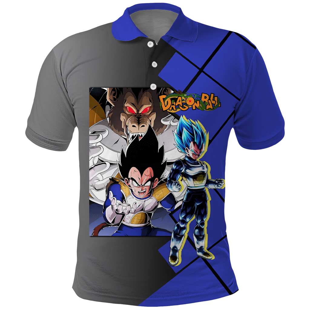 Vegeta Dragon Ball Polo Shirt with Saiyan Battle Aura and Fierce Fighting Pose Design - The Mazicc