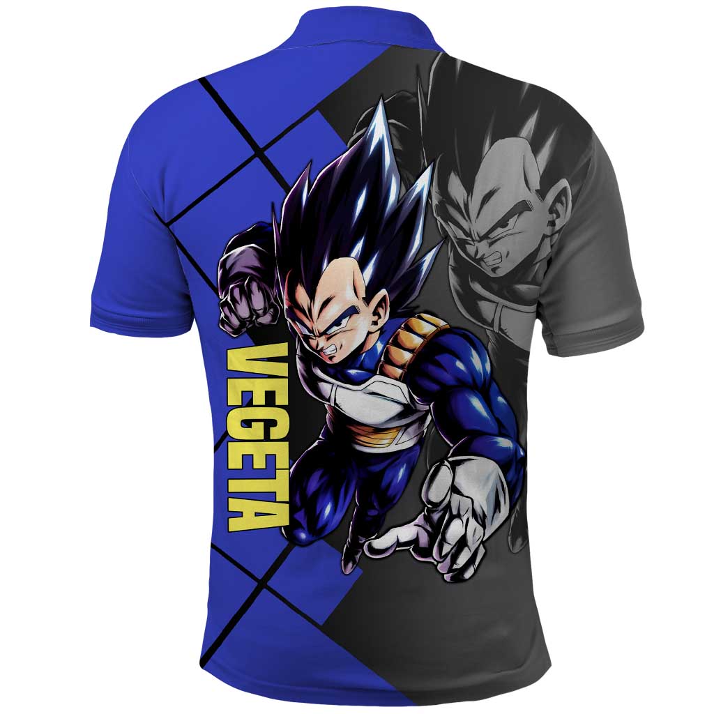 Vegeta Dragon Ball Polo Shirt with Saiyan Battle Aura and Fierce Fighting Pose Design - The Mazicc