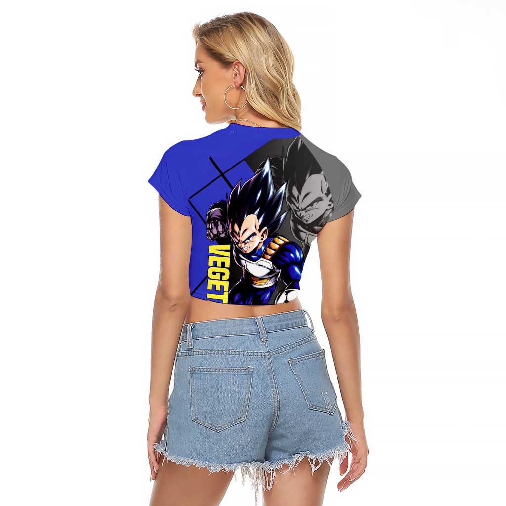 Vegeta Dragon Ball Raglan Cropped T Shirt with Saiyan Battle Aura and Fierce Fighting Pose Design - The Mazicc