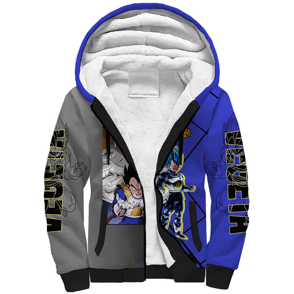 Vegeta Dragon Ball Sherpa Hoodie with Saiyan Battle Aura and Fierce Fighting Pose Design - The Mazicc