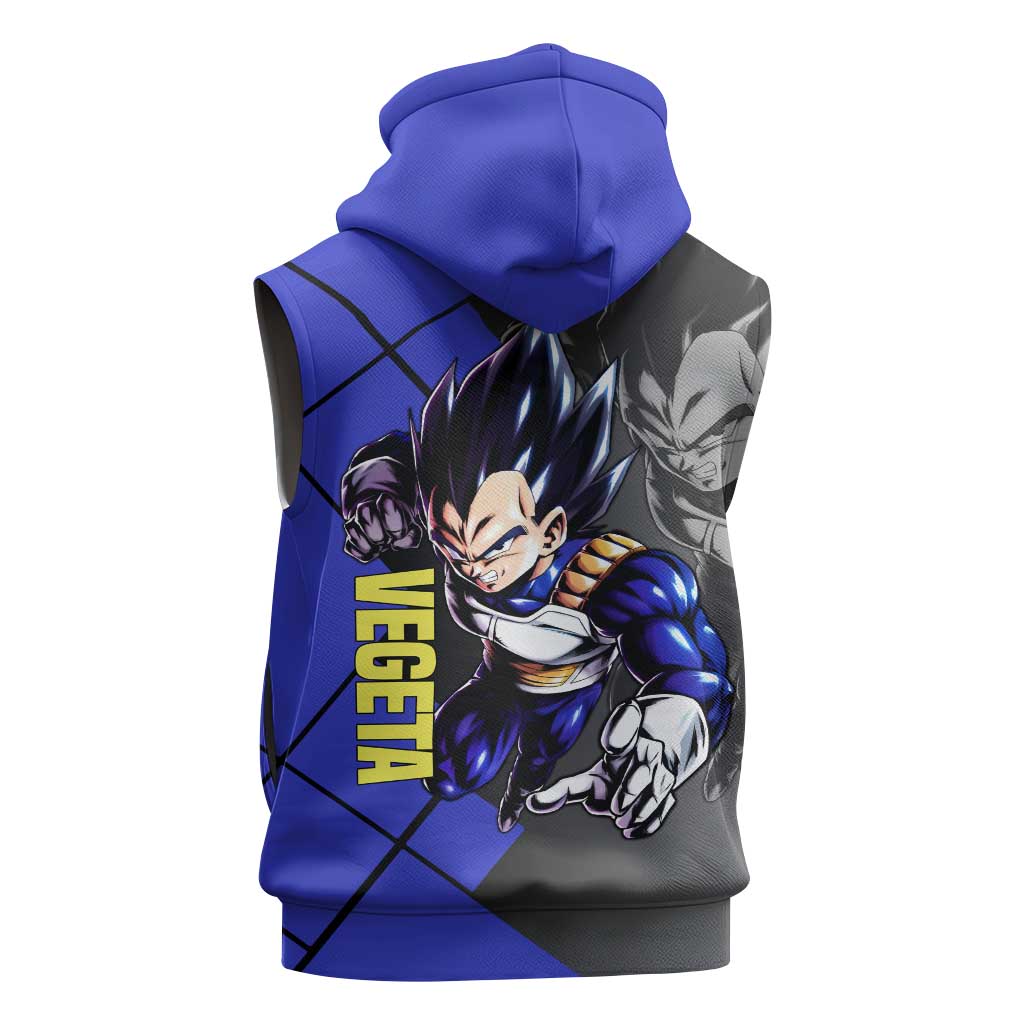 Vegeta Dragon Ball Sleeveless Hoodie with Saiyan Battle Aura and Fierce Fighting Pose Design - The Mazicc