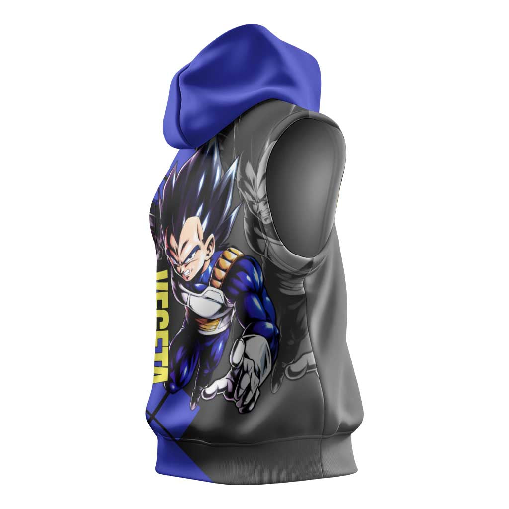 Vegeta Dragon Ball Sleeveless Hoodie with Saiyan Battle Aura and Fierce Fighting Pose Design - The Mazicc