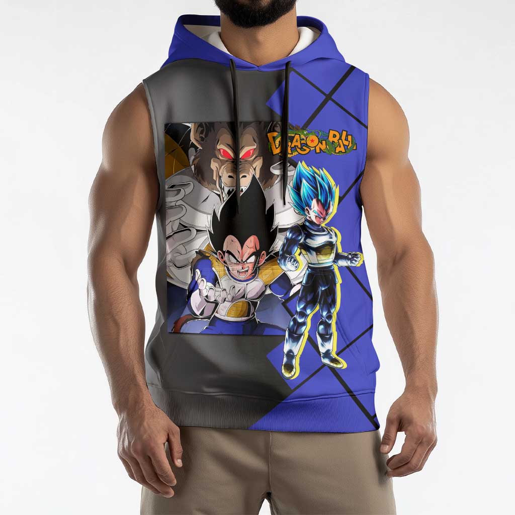 Vegeta Dragon Ball Sleeveless Hoodie with Saiyan Battle Aura and Fierce Fighting Pose Design - The Mazicc