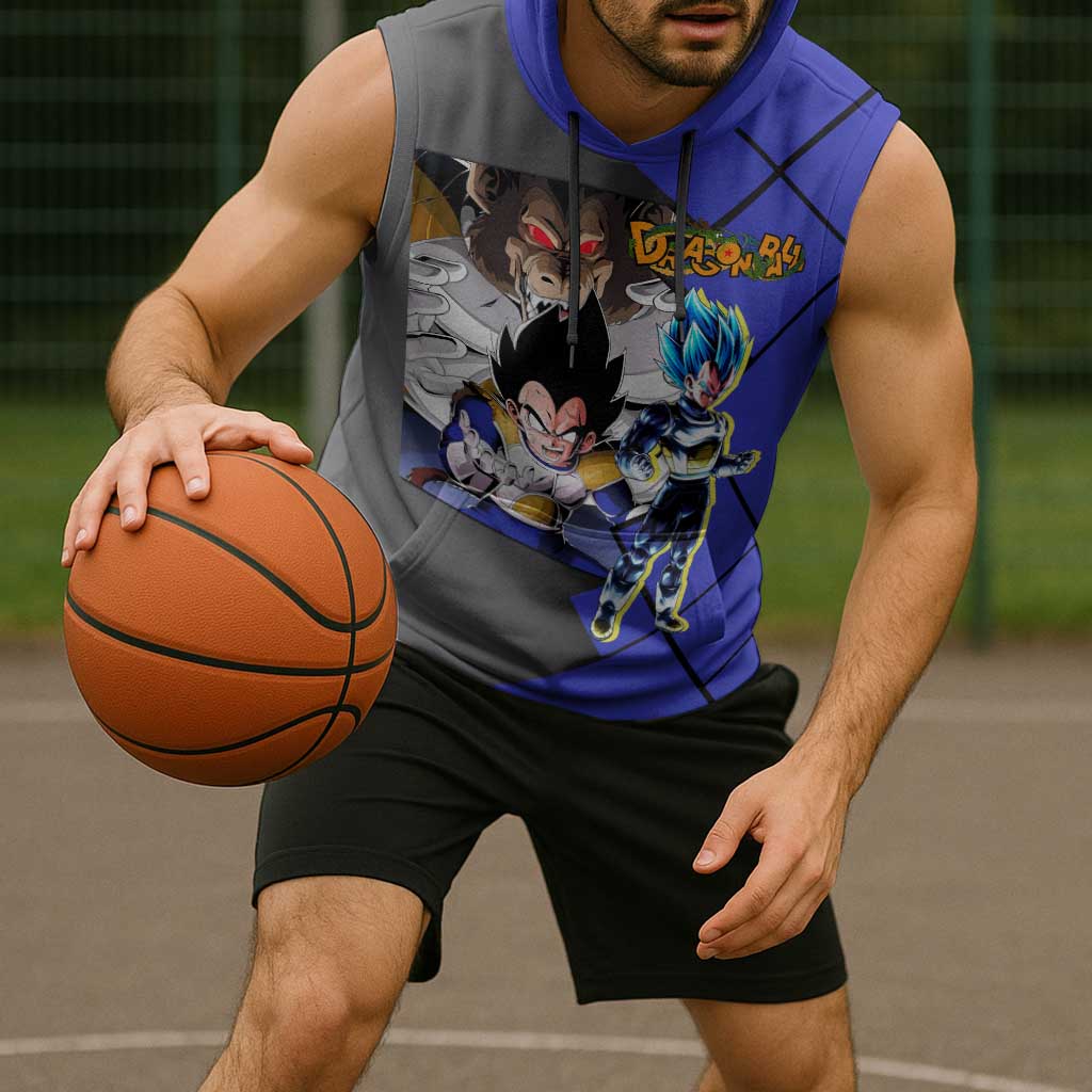 Vegeta Dragon Ball Sleeveless Hoodie with Saiyan Battle Aura and Fierce Fighting Pose Design - The Mazicc