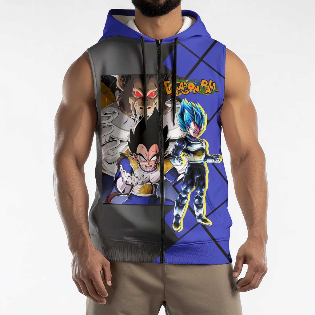 Vegeta Dragon Ball Sleeveless Zip Hoodie with Saiyan Battle Aura and Fierce Fighting Pose Design - The Mazicc