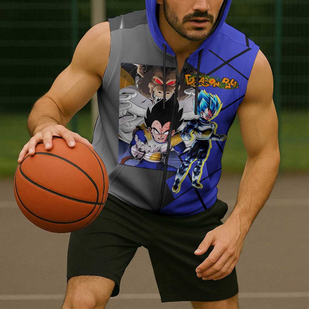 Vegeta Dragon Ball Sleeveless Zip Hoodie with Saiyan Battle Aura and Fierce Fighting Pose Design - The Mazicc