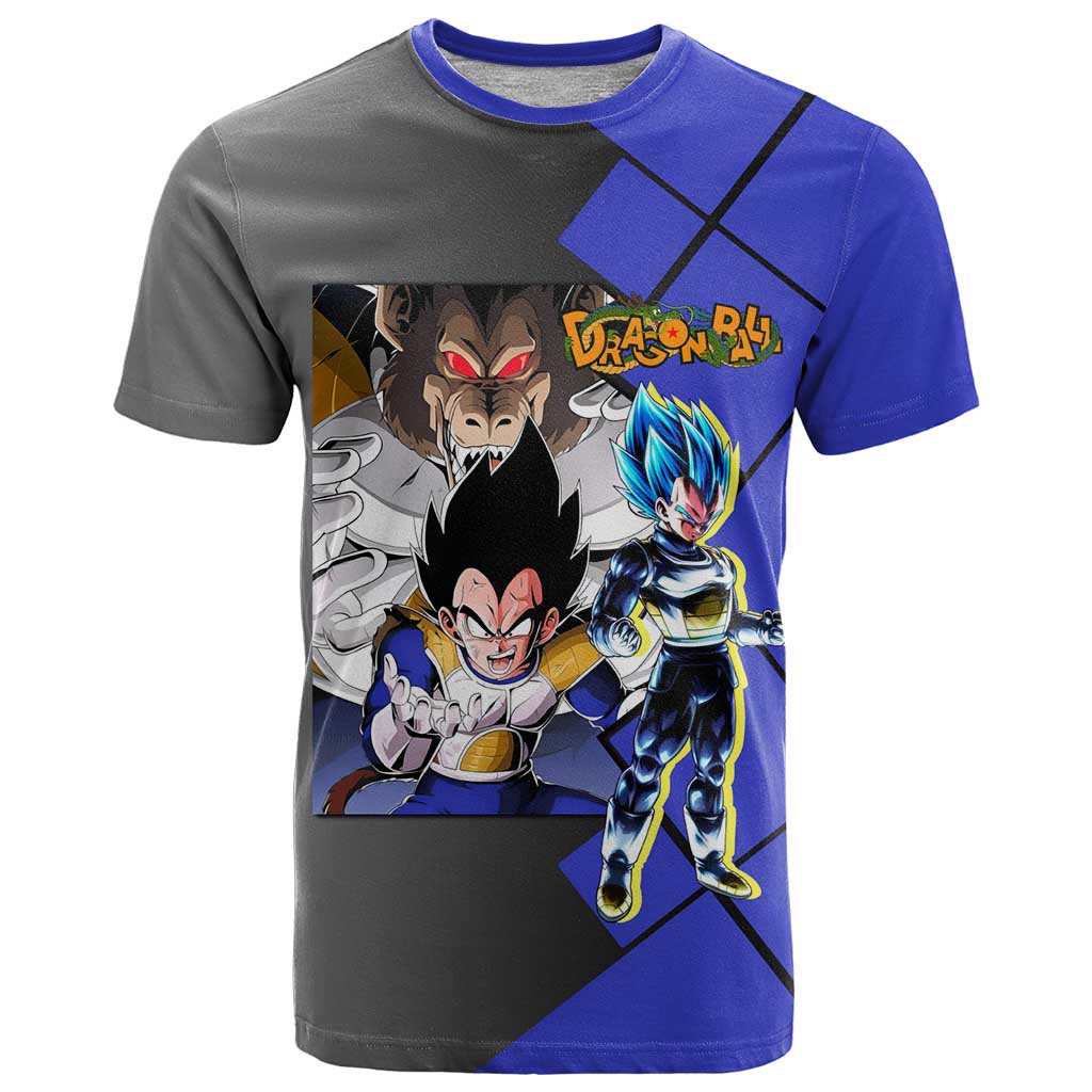 Vegeta Dragon Ball T Shirt with Saiyan Battle Aura and Fierce Fighting Pose Design - The Mazicc