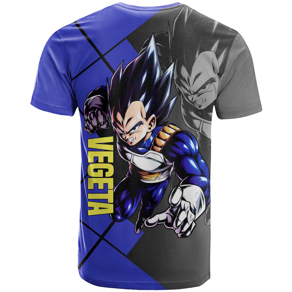 Vegeta Dragon Ball T Shirt with Saiyan Battle Aura and Fierce Fighting Pose Design - The Mazicc