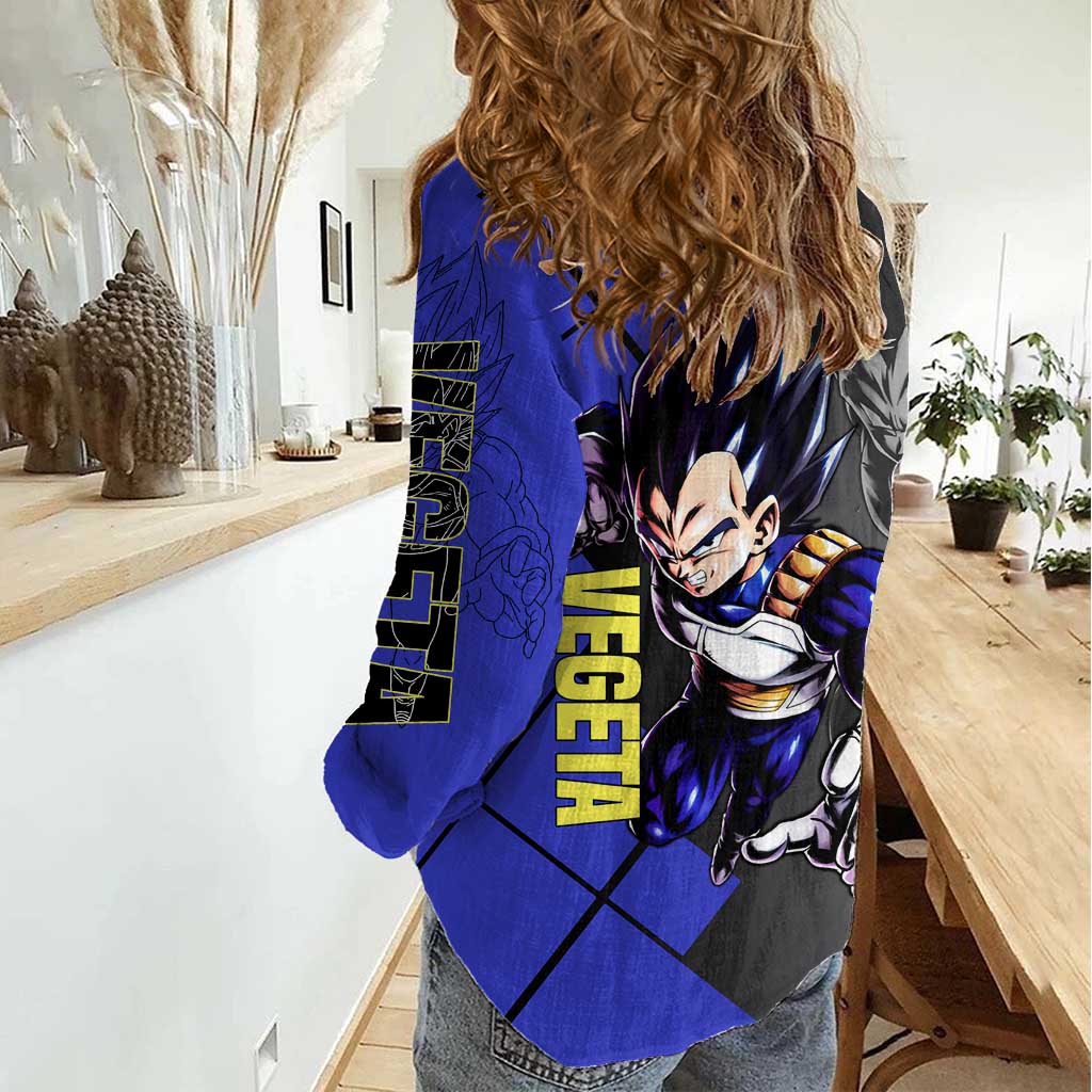 Vegeta Dragon Ball Women Casual Shirt with Saiyan Battle Aura and Fierce Fighting Pose Design - The Mazicc