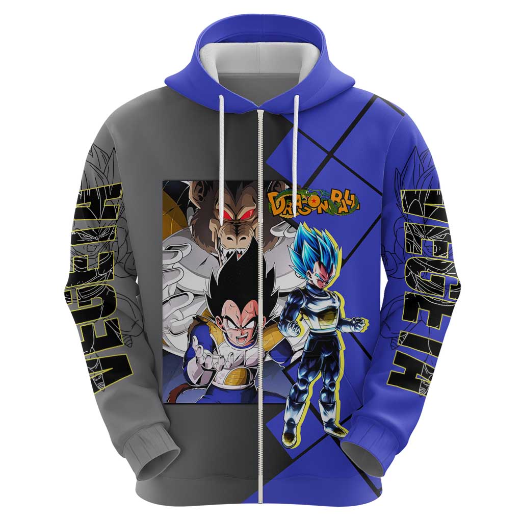 Vegeta Dragon Ball Zip Hoodie with Saiyan Battle Aura and Fierce Fighting Pose Design - The Mazicc