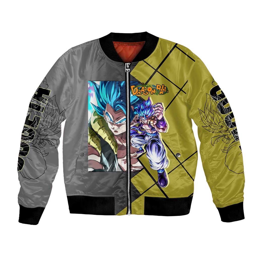 Gogeta Dragon Ball Bomber Jacket with Fusion Aura and Dynamic Fighting Pose Design - The Mazicc