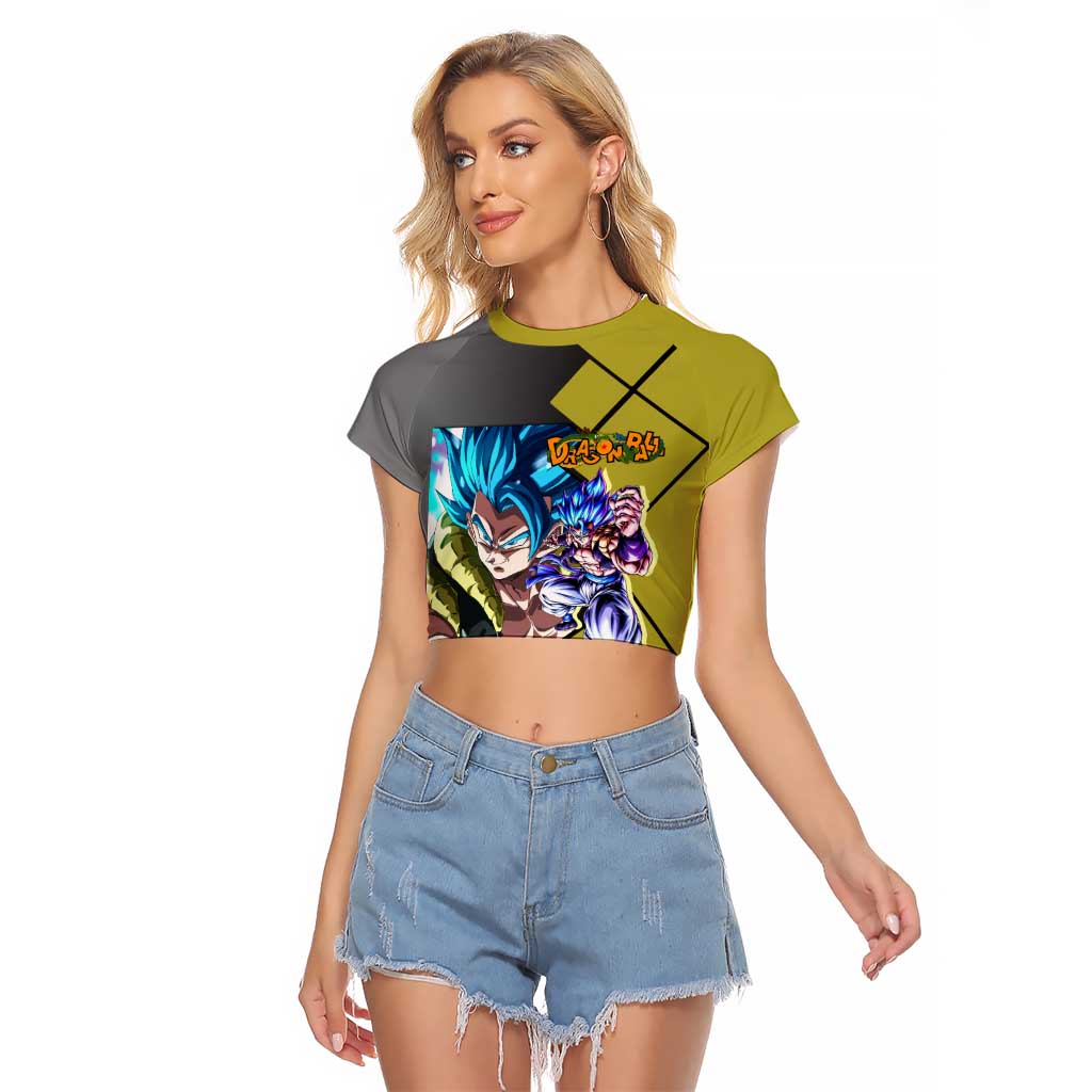 Gogeta Dragon Ball Raglan Cropped T Shirt with Fusion Aura and Dynamic Fighting Pose Design - The Mazicc