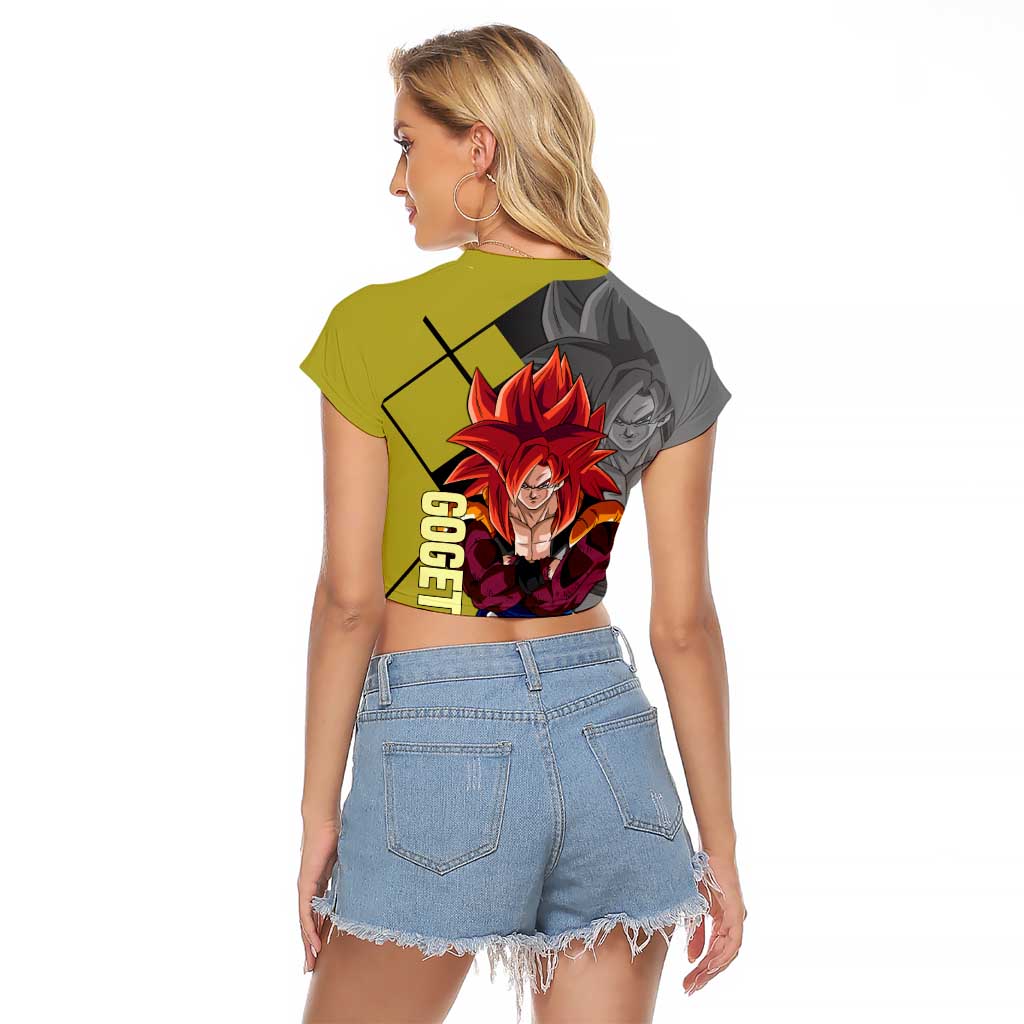 Gogeta Dragon Ball Raglan Cropped T Shirt with Fusion Aura and Dynamic Fighting Pose Design - The Mazicc