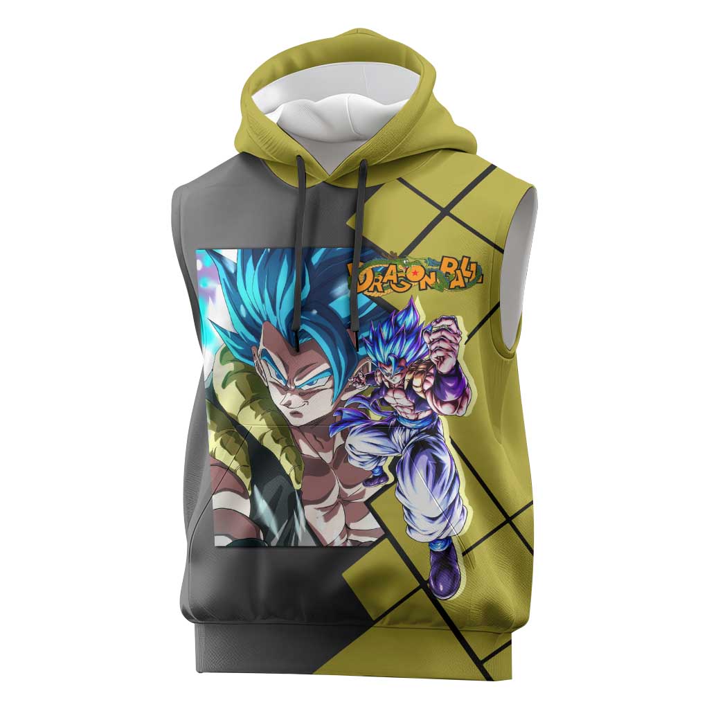Gogeta Dragon Ball Sleeveless Hoodie with Fusion Aura and Dynamic Fighting Pose Design - The Mazicc