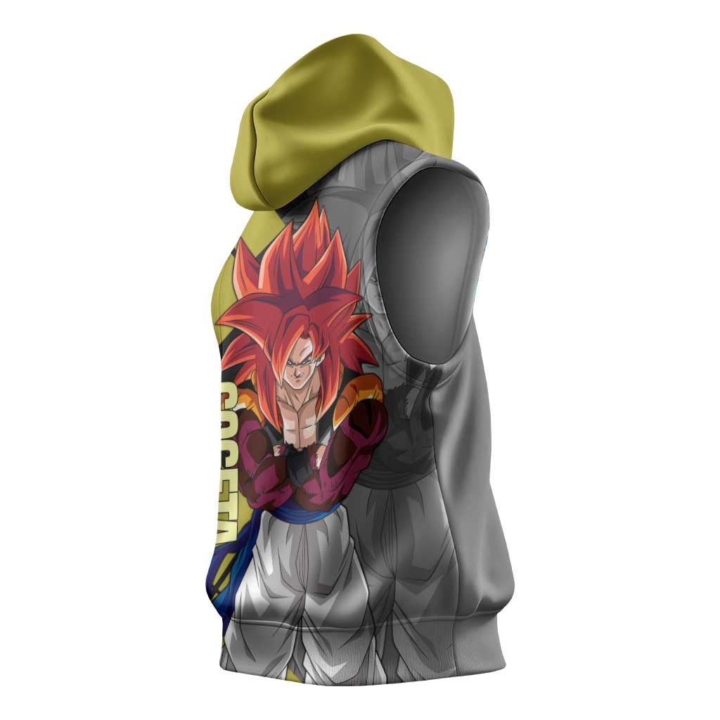 Gogeta Dragon Ball Sleeveless Hoodie with Fusion Aura and Dynamic Fighting Pose Design - The Mazicc