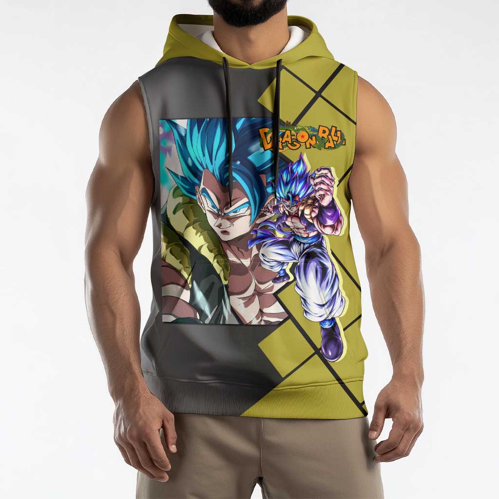 Gogeta Dragon Ball Sleeveless Hoodie with Fusion Aura and Dynamic Fighting Pose Design - The Mazicc