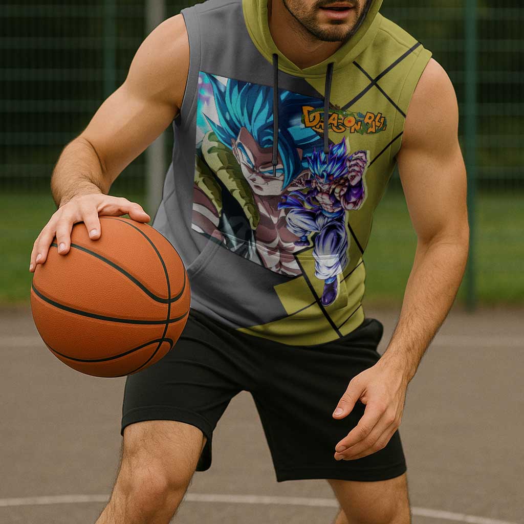 Gogeta Dragon Ball Sleeveless Hoodie with Fusion Aura and Dynamic Fighting Pose Design - The Mazicc