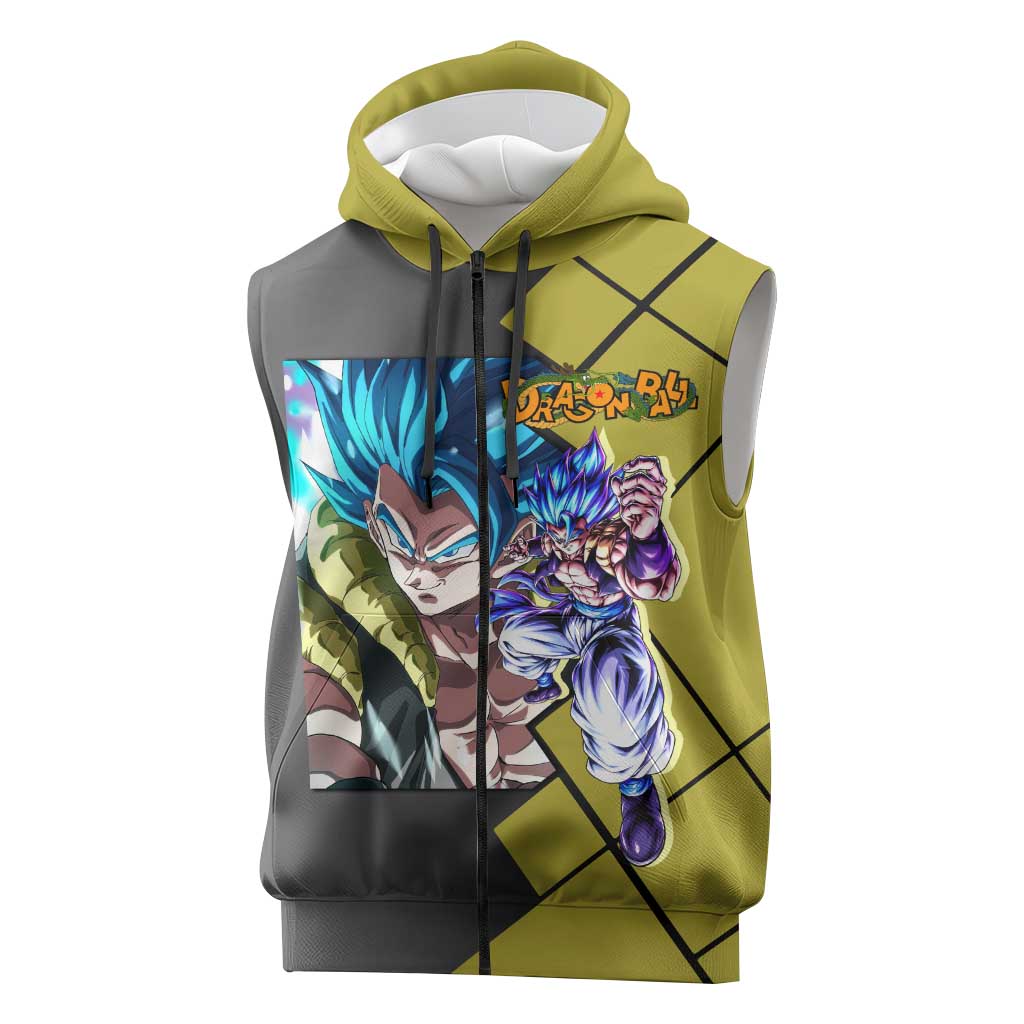 Gogeta Dragon Ball Sleeveless Zip Hoodie with Fusion Aura and Dynamic Fighting Pose Design - The Mazicc