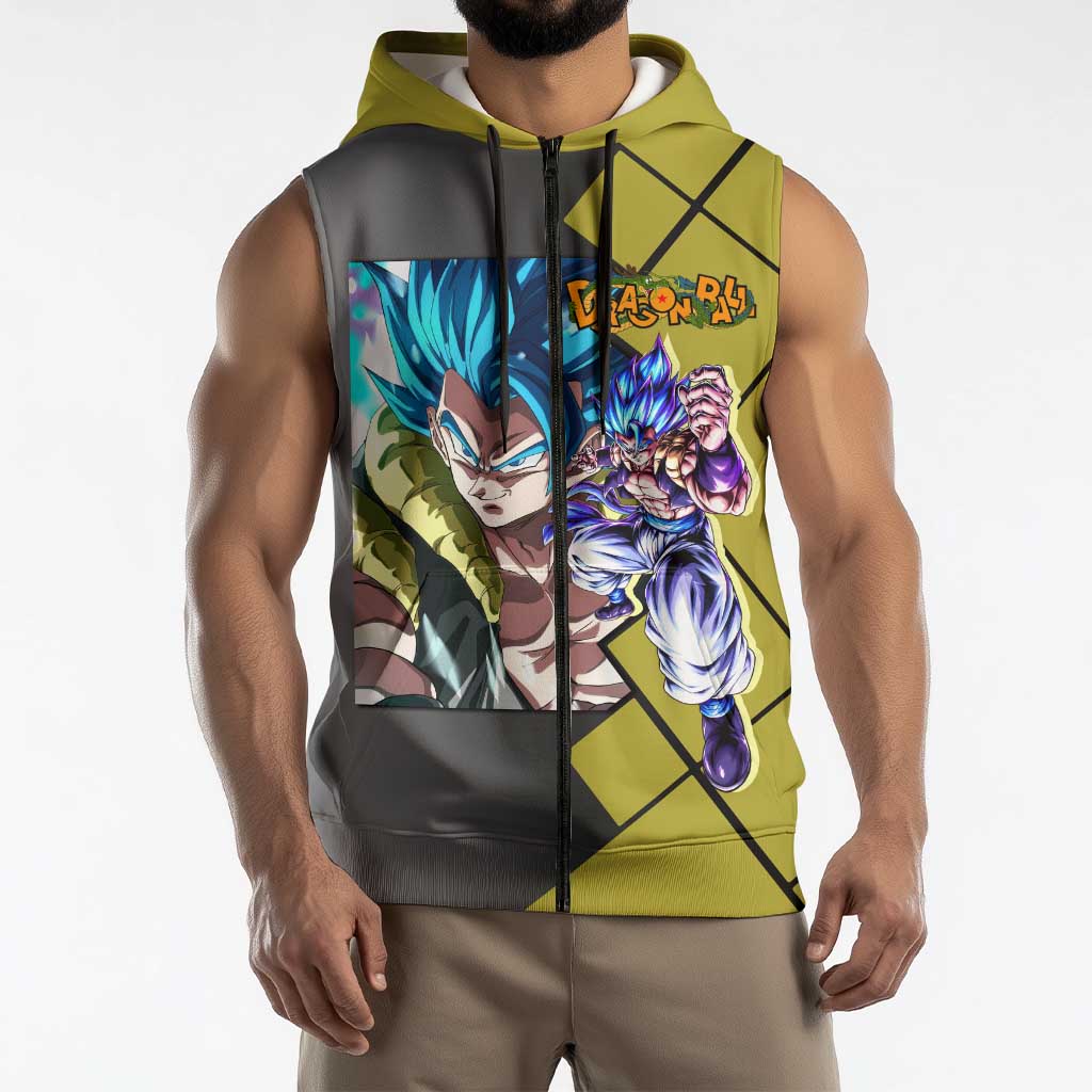 Gogeta Dragon Ball Sleeveless Zip Hoodie with Fusion Aura and Dynamic Fighting Pose Design - The Mazicc