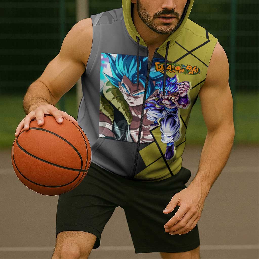 Gogeta Dragon Ball Sleeveless Zip Hoodie with Fusion Aura and Dynamic Fighting Pose Design - The Mazicc