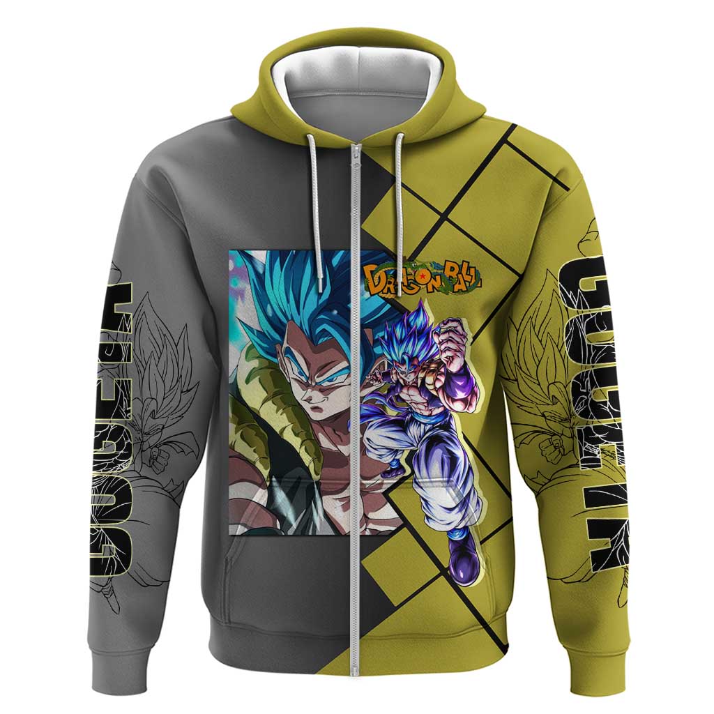 Gogeta Dragon Ball Zip Hoodie with Fusion Aura and Dynamic Fighting Pose Design - The Mazicc