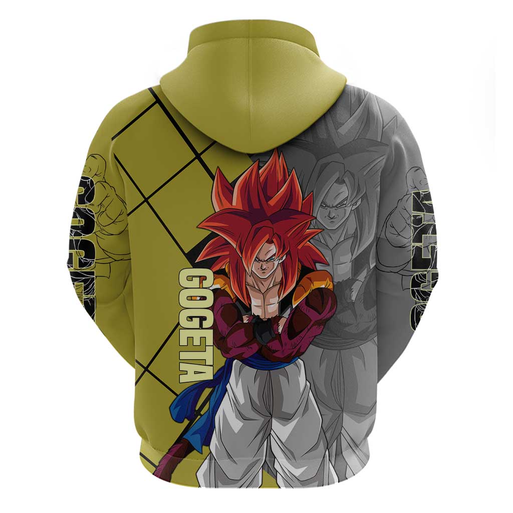 Gogeta Dragon Ball Zip Hoodie with Fusion Aura and Dynamic Fighting Pose Design - The Mazicc