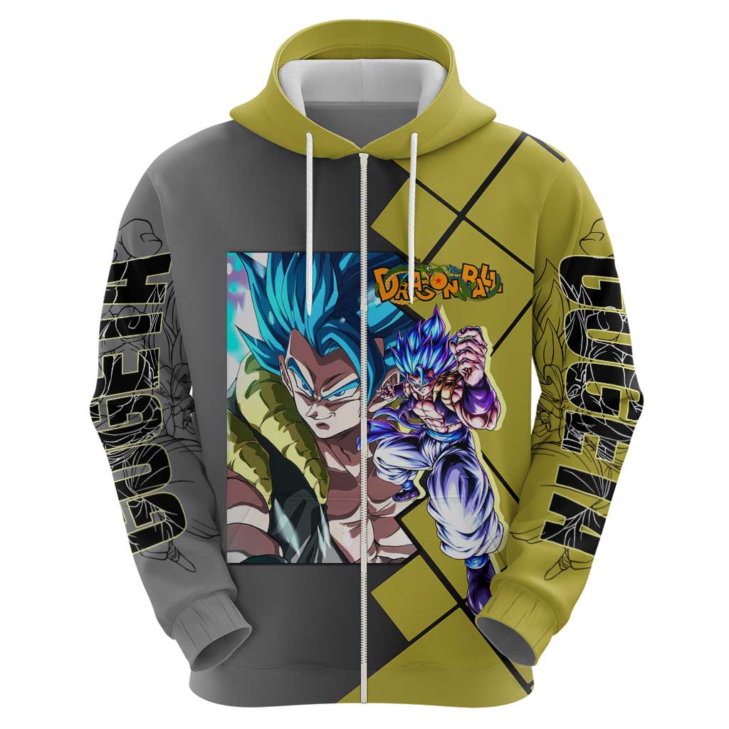 Gogeta Dragon Ball Zip Hoodie with Fusion Aura and Dynamic Fighting Pose Design - The Mazicc