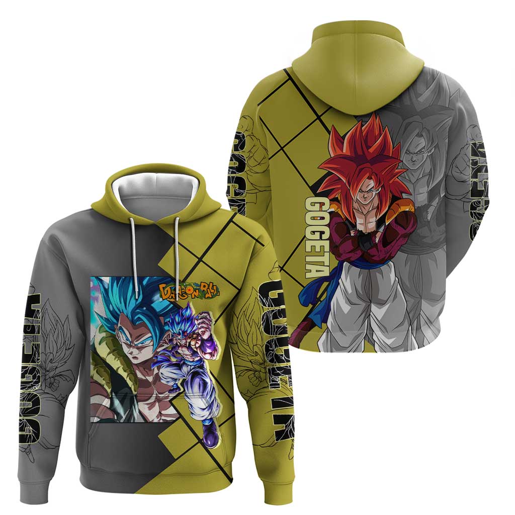 Gogeta Dragon Ball Zip Hoodie with Fusion Aura and Dynamic Fighting Pose Design - The Mazicc