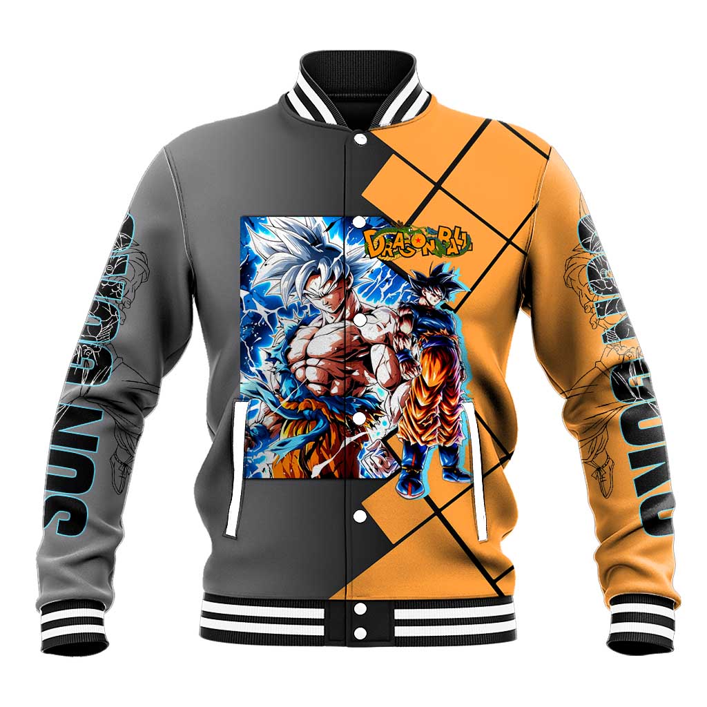 Son Goku Dragon Ball Baseball Jacket with Super Saiyan Aura and Powerful Fighting Pose Design - The Mazicc