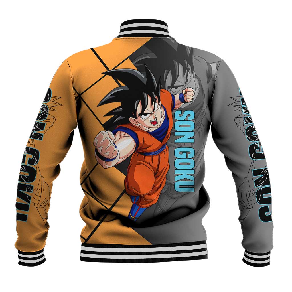 Son Goku Dragon Ball Baseball Jacket with Super Saiyan Aura and Powerful Fighting Pose Design - The Mazicc