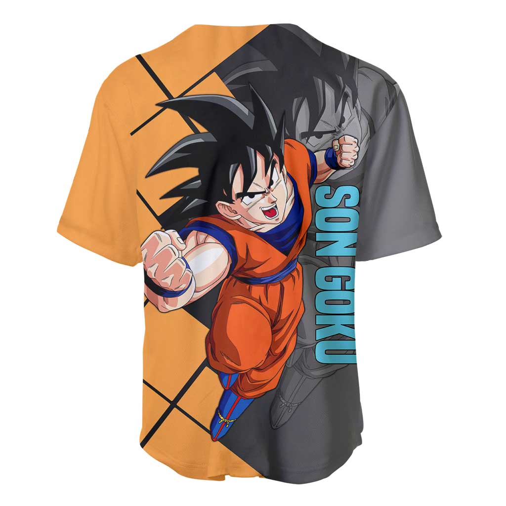 Son Goku Dragon Ball Baseball Jersey with Super Saiyan Aura and Powerful Fighting Pose Design - The Mazicc