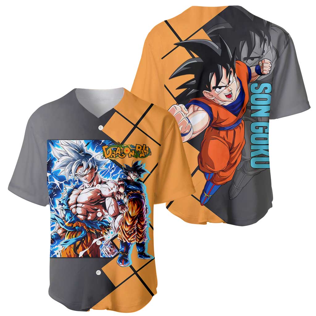 Son Goku Dragon Ball Baseball Jersey with Super Saiyan Aura and Powerful Fighting Pose Design - The Mazicc