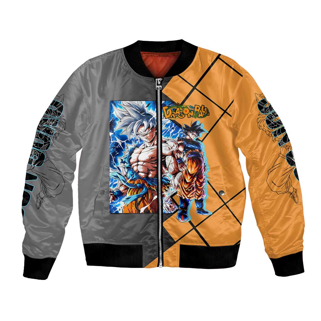 Son Goku Dragon Ball Bomber Jacket with Super Saiyan Aura and Powerful Fighting Pose Design - The Mazicc
