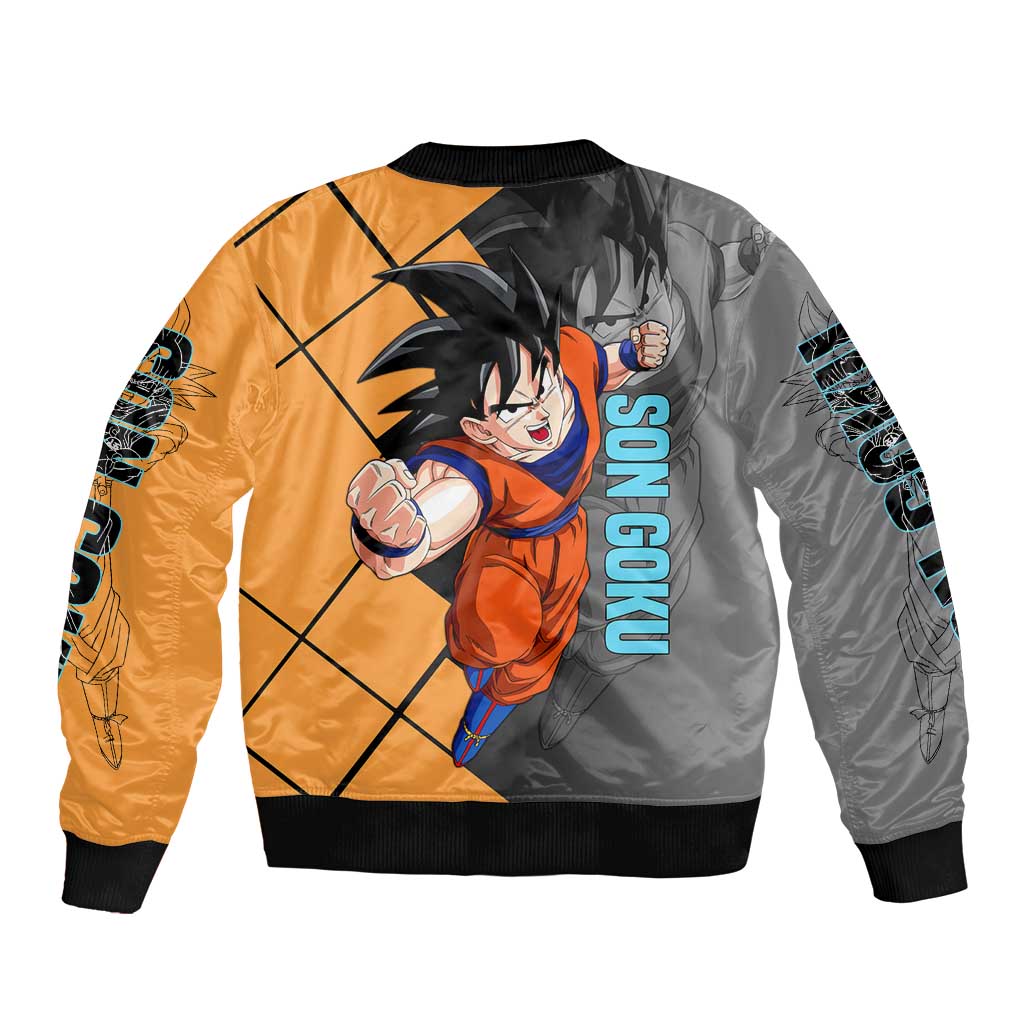 Son Goku Dragon Ball Bomber Jacket with Super Saiyan Aura and Powerful Fighting Pose Design - The Mazicc