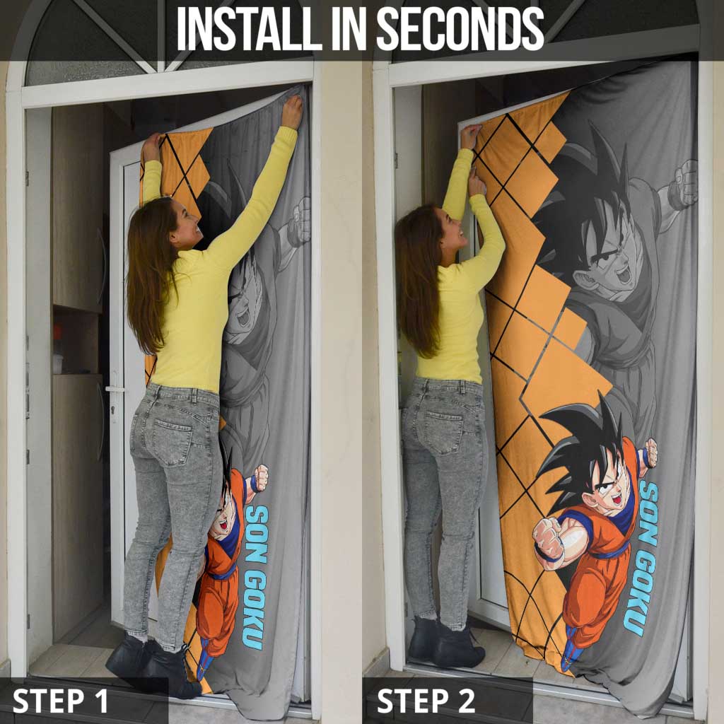 Son Goku Dragon Ball Door Cover with Super Saiyan Aura and Powerful Fighting Pose Design - The Mazicc