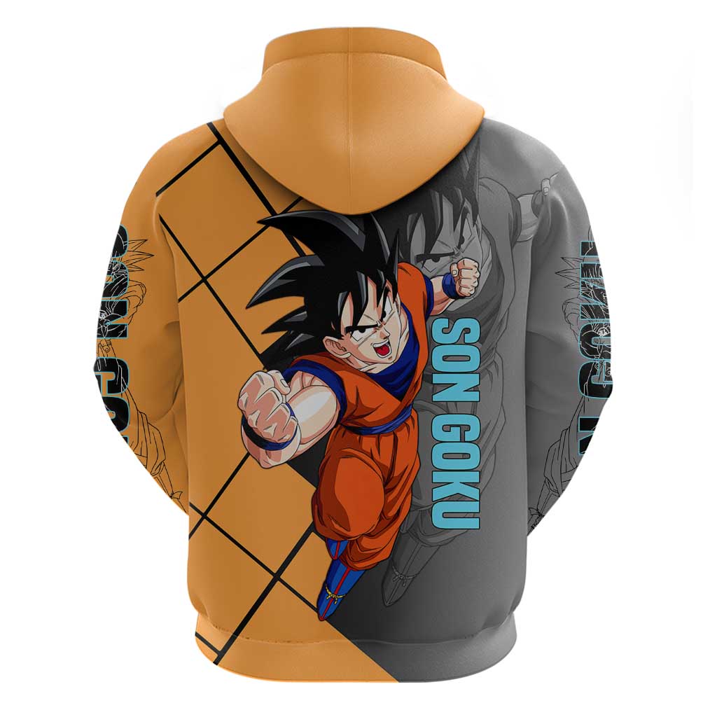 Son Goku Dragon Ball Hoodie with Super Saiyan Aura and Powerful Fighting Pose Design - The Mazicc